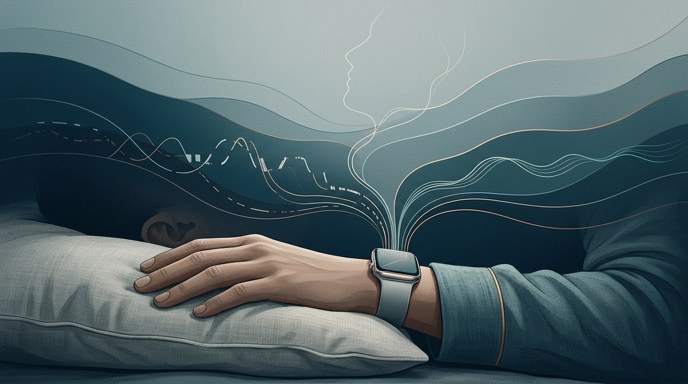 Ilustración de una persona durmiendo con un reloj inteligente, mientras líneas abstractas representan el monitoreo de la respiración.