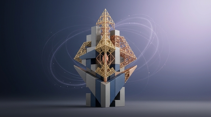 **Alt text**: Una escultura geométrica 3D abstracta con intrincados patrones de celosía dorada sobre bloques grises y azules, rodeada de líneas de luz curvas sobre un fondo azul oscuro a púrpura degradado.