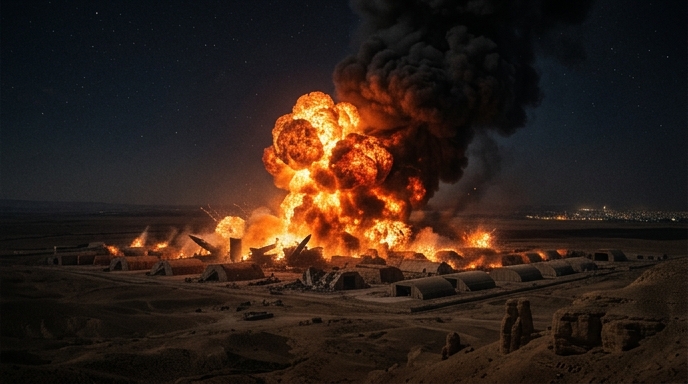 Explosión nocturna masiva en un depósito de armas de Isfahán iluminando el cielo con fuego y humo.