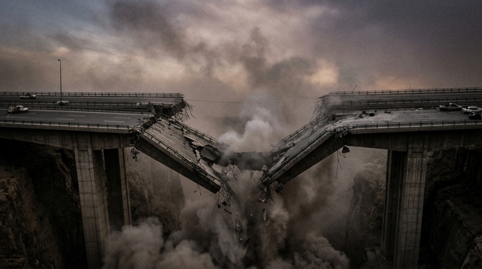 Un puente de autopista masivo está colapsando en el medio, envuelto en humo y polvo bajo un cielo oscuro y dramático.
