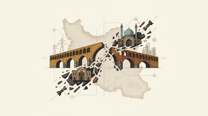 description (Spanish, max 125 chars):
Un mapa de Irán ilustrado que muestra infraestructura civil y académica derrumbándose tras ser impactada por proyectiles.