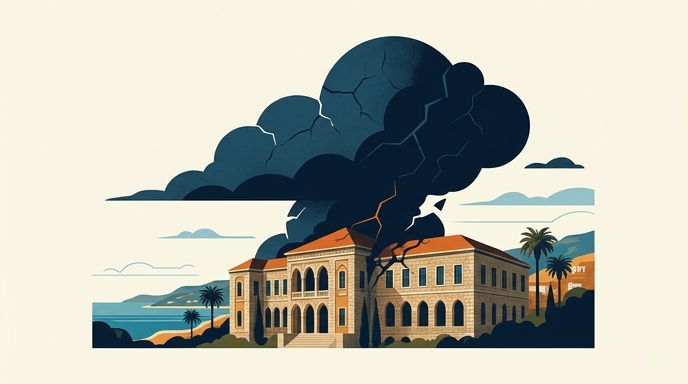 Ilustración de un edificio universitario de estilo libanés con una gran nube de humo oscuro y amenazante encima.