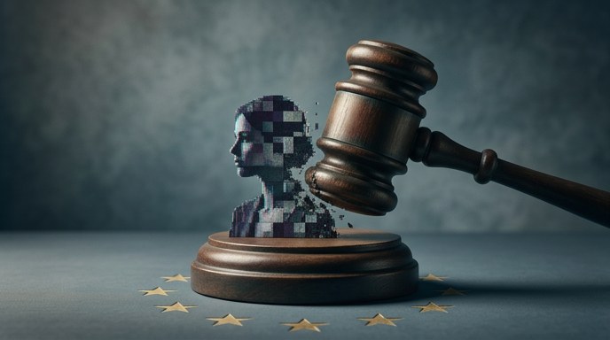 Un mazo judicial de madera golpea un busto humano pixelado y digital, sobre una base con las estrellas de la UE, simbolizando la prohibición.
