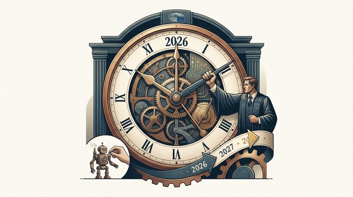 Un reloj detallado simboliza el retraso en la regulación de la IA en Europa, con fechas que se mueven de 2026 a 2027.