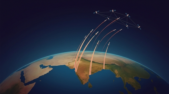 Ilustración editorial de cohetes despegando desde la India para formar una red de satélites en el espacio.