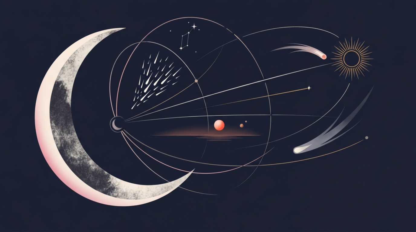 Ilustración de eventos astronómicos de abril, incluyendo la luna llena rosada, lluvia de meteoros, y comets.