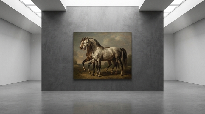 «Imagen en una galería minimalista que muestra una pintura de un caballo deforme con múltiples patas debido a un error de IA.»