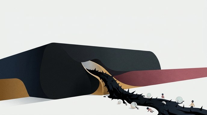 Ilustración editorial que muestra un torrente negro y espinoso fluyendo de una forma oscura hacia figuras infantiles.