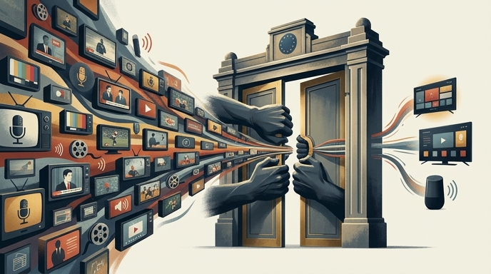 Manos oscuras controlan un portal que restringe el flujo masivo de contenido multimedia hacia pantallas y asistentes virtuales.