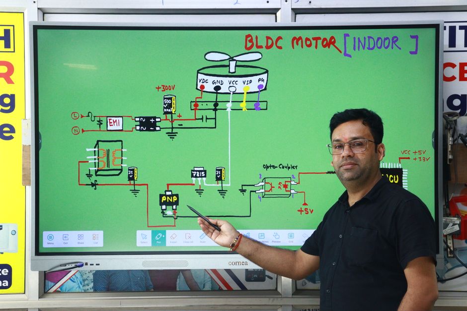 Instructor explicando el diagrama del circuito del motor BLDC en una pizarra interactiva en el interior.