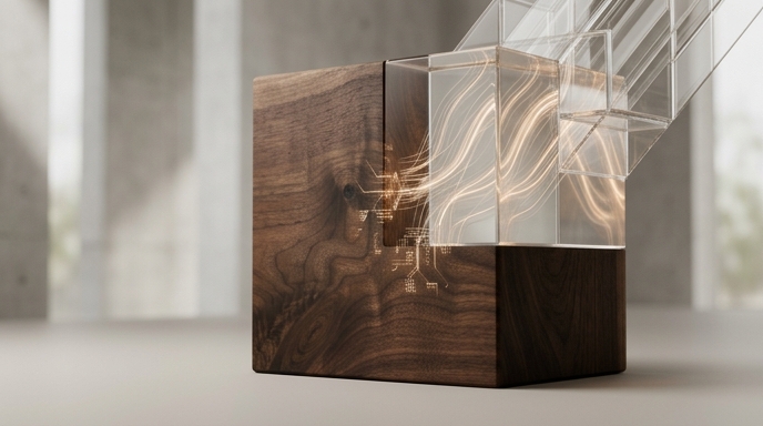 Un cubo de madera integrándose con bloques de vidrio brillante, simbolizando alianzas empresariales en IA y la nube.