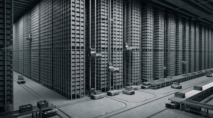 Un almacén automatizado con estanterías altas y robots autónomos moviendo mercancías en el suelo.