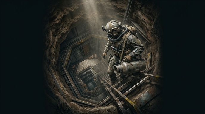 Un soldado de fuerzas especiales desciende por un túnel subterráneo cargando un contenedor de uranio.