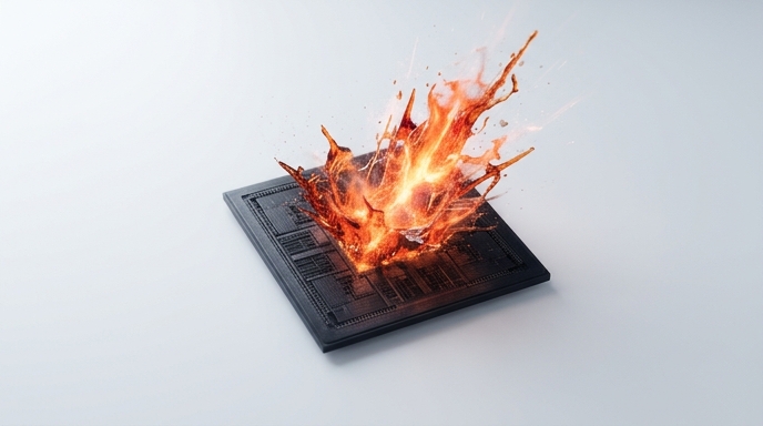 Chip de procesador estallando en fuego sobre un fondo blanco, simbolizando el calor excesivo y el alto consumo de energía.