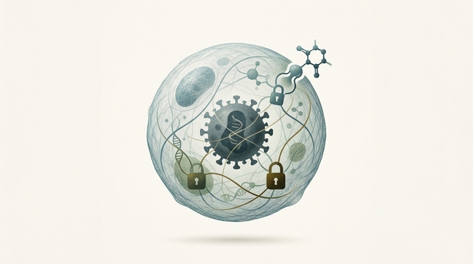 Un grafismo editorial que muestra una célula T inhibiendo un virus del VIH inactivo, con la ayuda de la metformina.