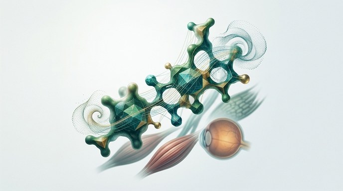 Ilustración editorial de una molécula compleja construida por datos de IA, enfocada en fármacos de longevidad.