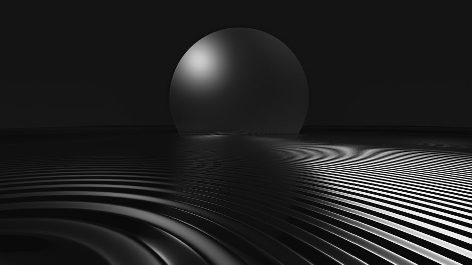 Una escena abstracta en escala de grises que presenta una esfera con ondas que crean una geometría dramática.