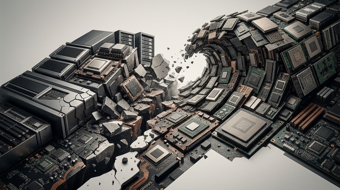 Una composición abstracta que muestra una ola de microchips y servidores rompiéndose y separándose en dos facciones distintas.