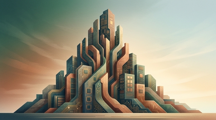 Estructuras arquitectónicas abstractas y ascendentes hechas de patrones de chips semiconductores, en tonos dorados y azules.