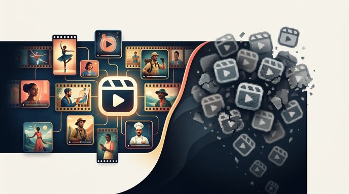 Ilustración que muestra una red de videos creativos y originales brillando a la izquierda, mientras que a la derecha, iconos de video repetitivos y pixelados se desintegran y desaparecen, representando la depuración de contenido no original.
