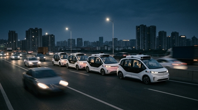 Imagen de varios robotaxis de Baidu Apollo Go detenidos en una autopista de Wuhan por la noche, con tráfico en movimiento alrededor.