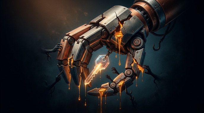 Una ilustración editorial de una garra mecánica agrietada de la que gotea líquido dorado mientras manos oscuras roban una llave brillante.