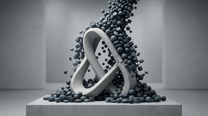 Escultura abstracta que representa el logotipo de Anthropic siendo sepultado por una avalancha de esferas y cubos de piedra gris.