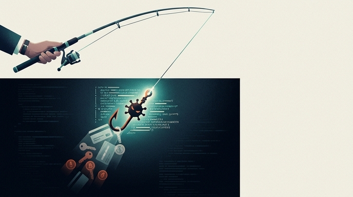 Caña de pescar atrapando datos como tarjetas y llaves de una red de código, representando un ataque de malware.