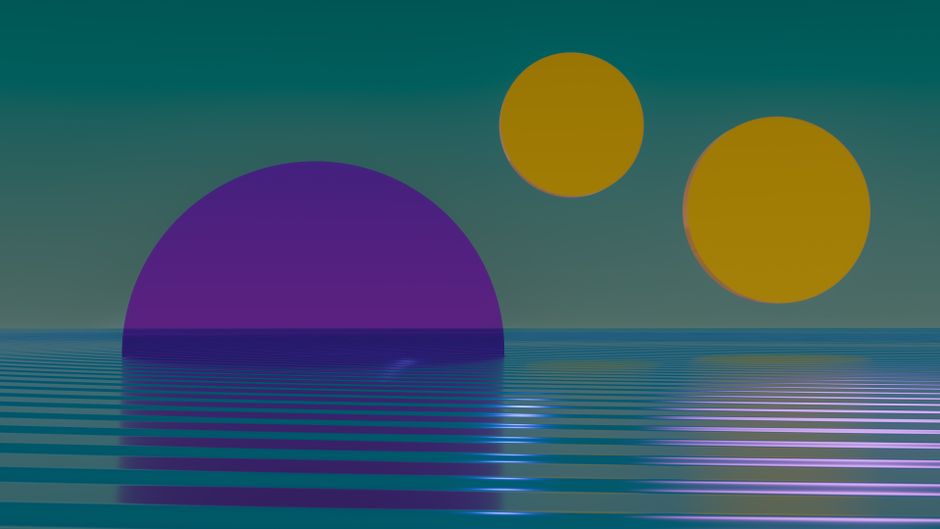 Una escena abstracta digital surrealista con formas geométricas y agua reflejada.