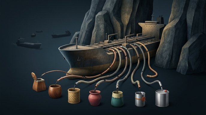 Un petrolero bloqueado en un estrecho rocoso suministra combustible de forma desigual a varios recipientes culturales.