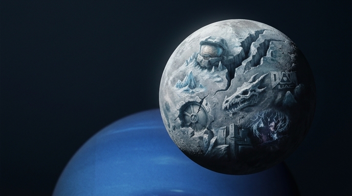 Un plano dramático de Tritón, una luna de Neptuno, con su relieve representando franquicias de Xbox talladas en hielo.