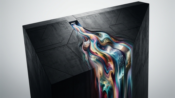 Un torrente de colores fluidos que representa video fluyendo hacia un bloque oscuro y geométrico de concreto.