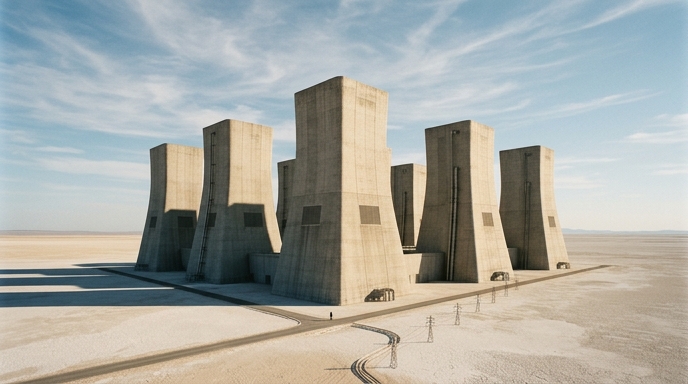 Vista a gran escala de torres de enfriamiento industriales masivas en un paisaje árido, simbolizando costos masivos de computación.