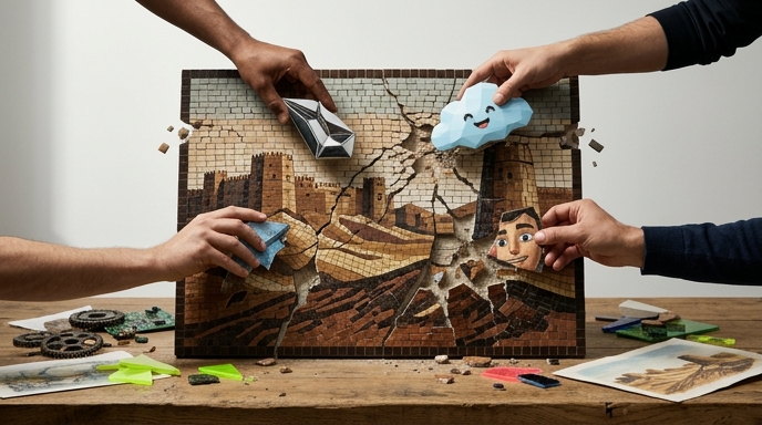 Varios creadores intentando arreglar un mosaico de un desierto agrietado con piezas desparejadas y extrañas que no encajan.