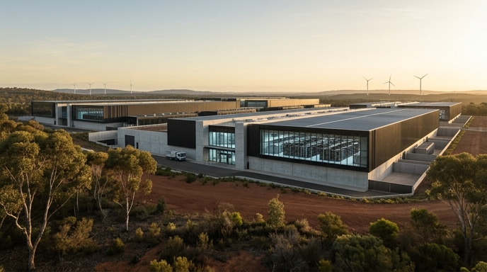 Vista aérea de un gran centro de datos moderno y sostenible integrado en el paisaje rural de Australia al atardecer.