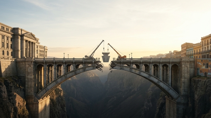 Dos grúas de construcción unen las secciones separadas de un gran puente de piedra sobre un cañón profundo al atardecer.
