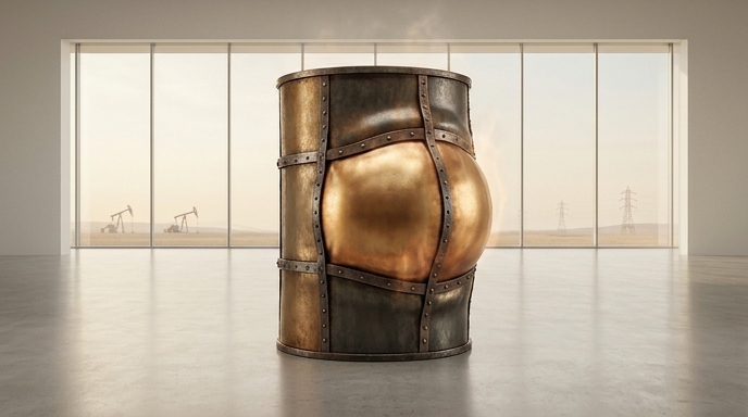 Un barril de petróleo bulging en una galería minimalista con torres de perforación visibles a través de una ventana.