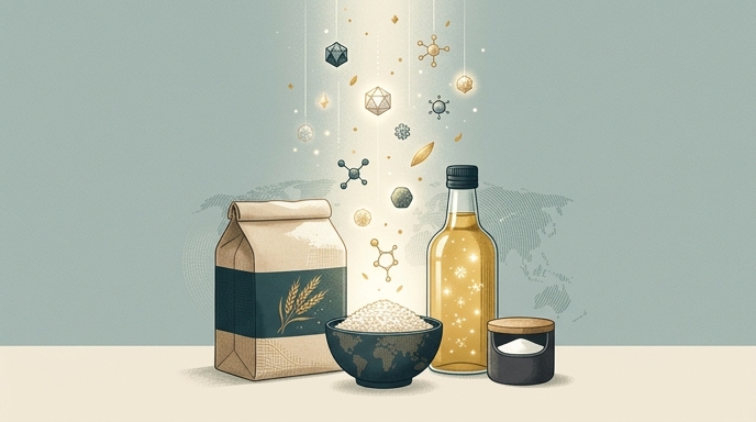 Ilustración de alimentos básicos como harina, arroz, aceite y sal, enriquecidos con micronutrientes simbólicos.