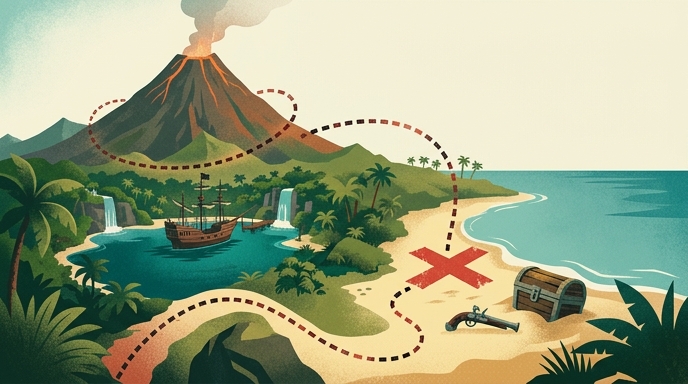Ilustración de una isla tropical con un volcán, barco pirata, mapa del tesoro y una 'X' roja que marca el lugar.