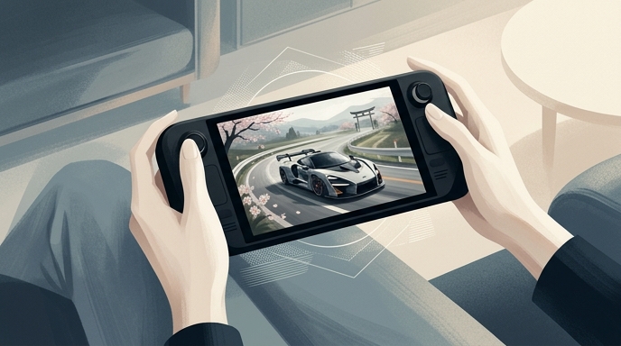 Ilustración de una persona sosteniendo un dispositivo de juego portátil que muestra un auto de carreras en una carretera de Japón.