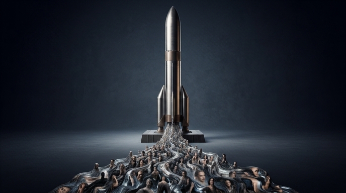 Cohete de SpaceX elevándose sobre un río de rostros humanos distorsionados, representando la controversia y la valoración.