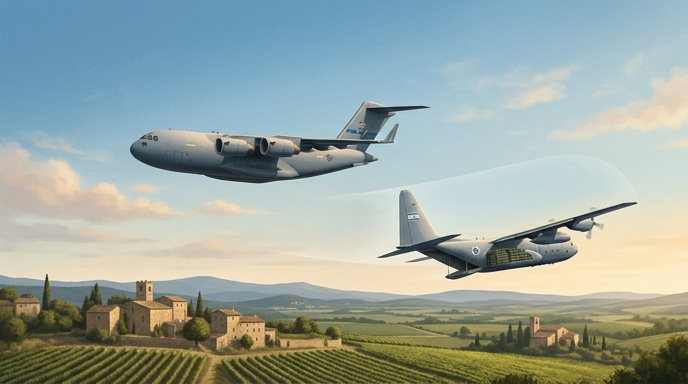 Dos aviones de transporte militares sobrevuelan un paisaje francés; uno lleva visiblemente carga de armamento.