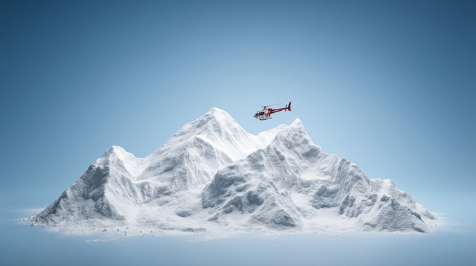 Helicóptero de rescate volando sobre montañas hechas de bicarbonato de sodio en polvo, ilustrando la trama de fraude en el Everest.