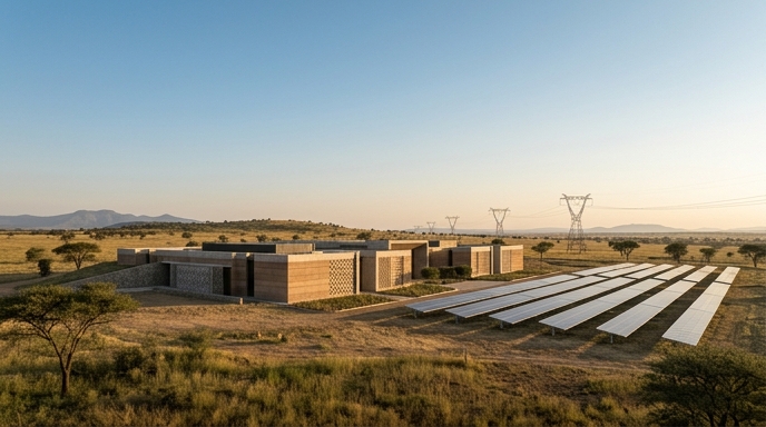 Un centro de datos sostenible en la sabana africana, impulsado por paneles solares y torres de alta tensión, bajo un cielo despejado.