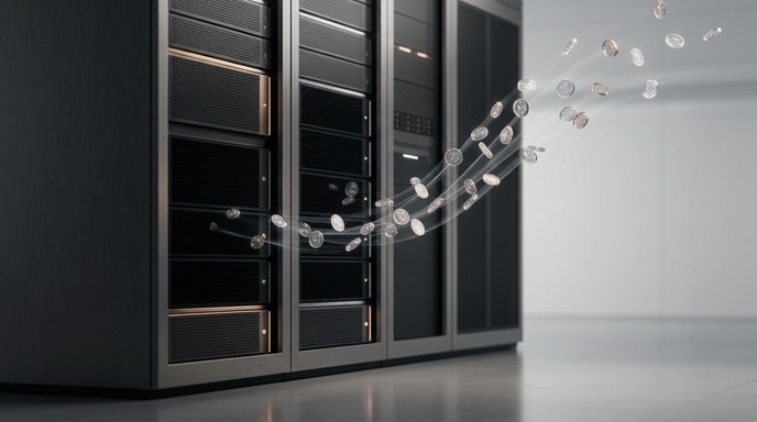 Un centro de datos con servidores negros, donde fluyen monedas digitales flotantes que simbolizan la monetización del exceso de capacidad de GPU.