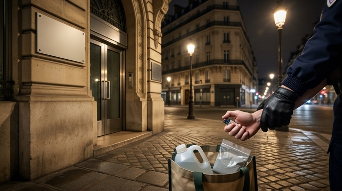 Un oficial de policía detiene la mano de un sospechoso que intenta encender un dispositivo explosivo improvisado frente a un edificio de París.