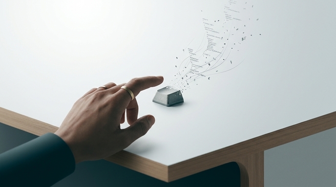 Una mano humana se extiende hacia una sola tecla en una superficie blanca, de la cual emana un chorro de partículas y símbolos de código que se disuelven en el aire.