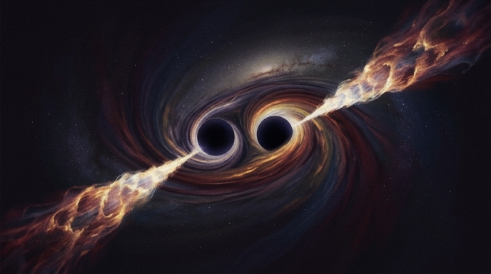 Dos agujeros negros supermasivos en una órbita apretada antes de fusionarse, con potentes chorros de plasma.