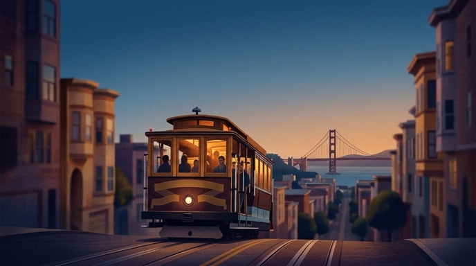 Un tranvía de San Francisco en una calle empinada con el puente Golden Gate al fondo durante el atardecer.