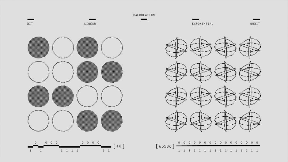 Representación visual de cálculos geométricos comparando bits y qubits en blanco y negro.